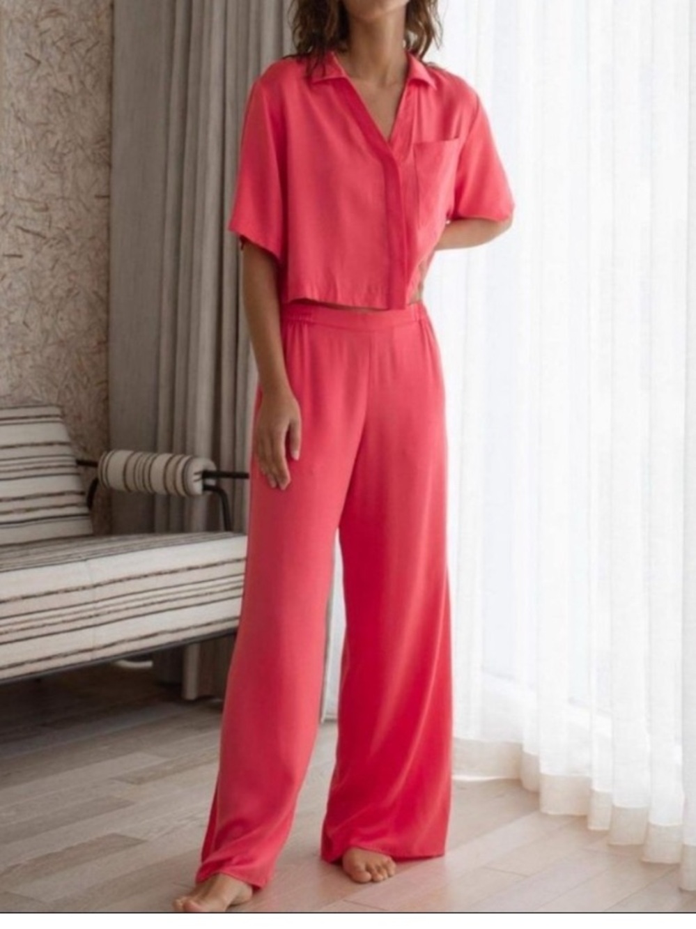 lunya Washable Silk Hign Rise Pant Set in Coral